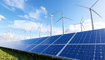 Solar energy panels and wind turbines - alternative electricity source - 3D illustrationの素材