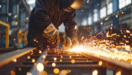 Industrial worker working with angle grinder on steel structure in factoryの素材