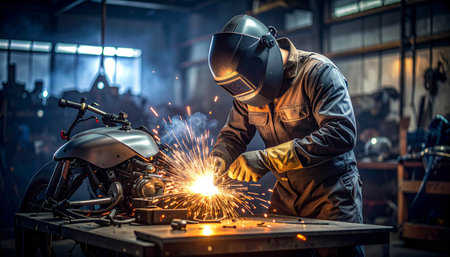 Industrial worker with protective clothing and protective mask welding motorcycle in factoryの素材