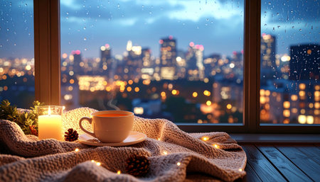Cup of coffee and Christmas lights on window sill with city viewの素材