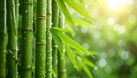 Bamboo forest with green leaves and water drops on bokeh backgroundの素材