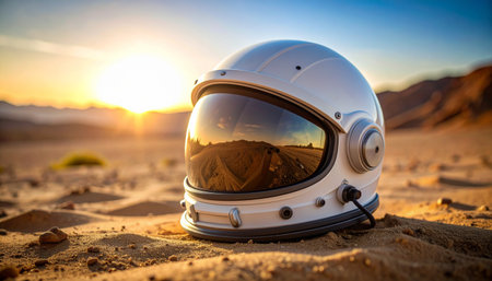 Astronaut helmet on the sand in the desert at sunset.の素材