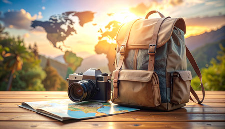 Traveler backpack and camera with world map on wooden table at sunsetの素材
