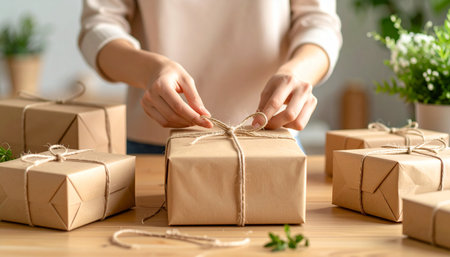 Woman wrapping christmas presents in craft paper and tied with twineの素材