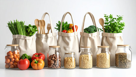 Paper bags with different products on white background. Zero waste shopping conceptの素材