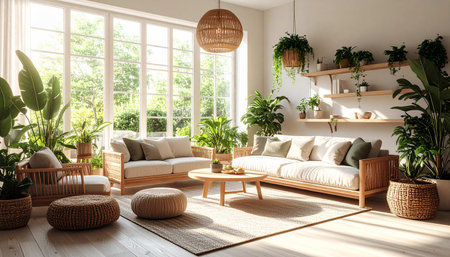 Interior of modern living room with sofa and plants. 3d renderの素材