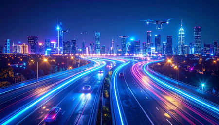 highway in shanghai at night with light trails,China.の素材
