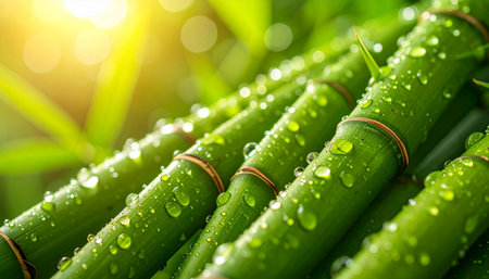 Close up of fresh green bamboo stems with dew drops. Nature backgroundの素材