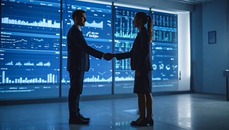 Businessman and businesswoman shaking hands against stocks and shares on screenの素材