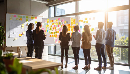 Group of diverse business people working together on a project in a modern officeの素材