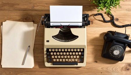 Vintage typewriter with blank sheet of paper and telephone on wooden tableの素材