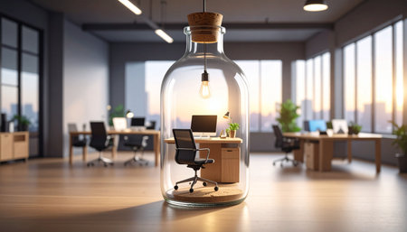 Businessman in a glass bottle with a computer on the table. 3d renderingの素材