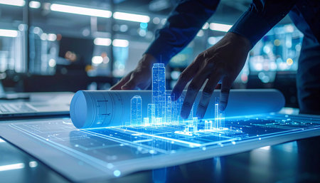 Architect working on blueprint of modern office building. Construction concept.の素材