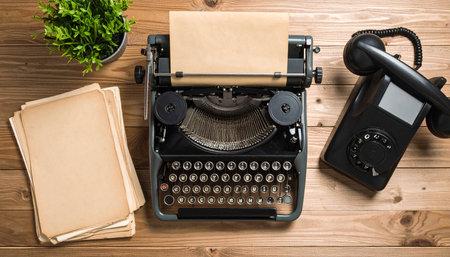 Vintage typewriter on a wooden table. Top view with copy spaceの素材