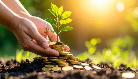 Investing to green business concept, Plant growing out of coins with sunlightの素材
