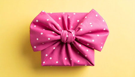 Pink polka dot gift box on yellow background, top view.の素材