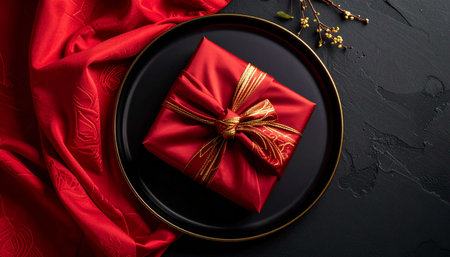 Christmas table setting with red gift box on black background, top viewの素材