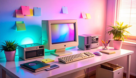 Workplace with computer and stationery on table in room with purple wallの素材