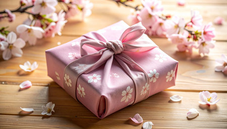 Gift box with cherry blossom on wooden table, closeupの素材