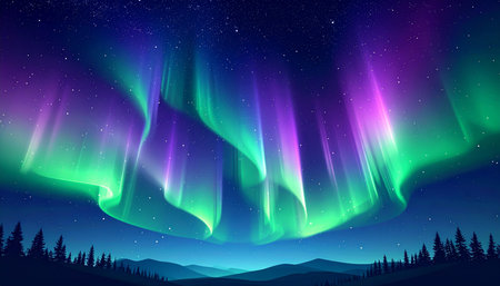 Northern lights Aurora borealis in the night sky. Vector illustration.の素材