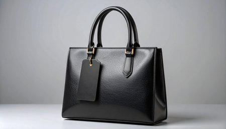 Black leather women's handbag with black label on gray background.の素材