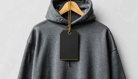 Blank black price tag hanging on grey hoodie, mockupの素材