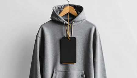 Blank black price tag hanging on grey hoodie, mockupの素材