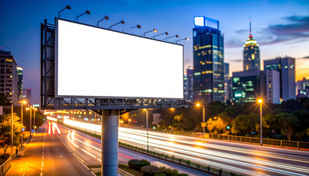 Blank billboard on road with cityscape background at twilight time.の素材