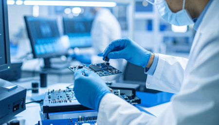 science, technology, chemistry, biology and people concept - close up of scientist or laboratory assistant with computer microchipの素材