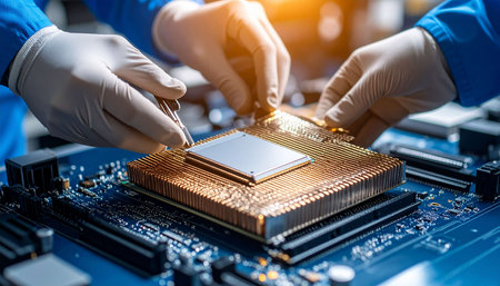 Technician or engineer working on computer chip in factory. Technology and engineering concept.の素材