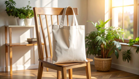 Eco bag on chair in room, closeup. Plastic free conceptの素材