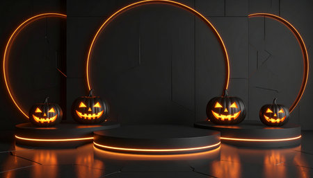 Halloween background, 3d render, black podium with pumpkin lanternsの素材