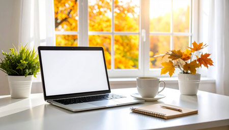 Laptop with blank screen, coffee cup and notebook on white table at home.の素材