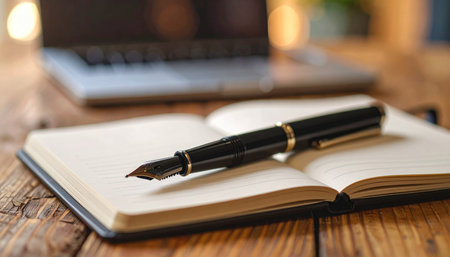 Fountain pen and notebook on a wooden table with a laptop in the backgroundの素材