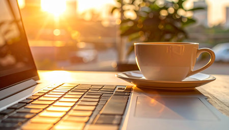 Coffee cup and laptop on wooden table in coffee shop.の素材