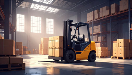 Forklift in warehouse. Mixed media. Mixed media. Mixed mediaの素材