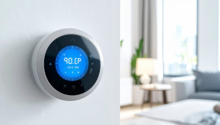 Smart thermostat on the wall in the room. 3d renderingの素材