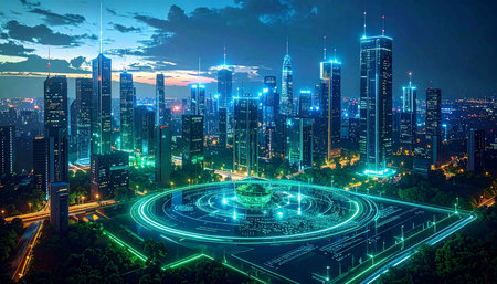 Future city at night with digital interface. Technology and innovation concept.の素材