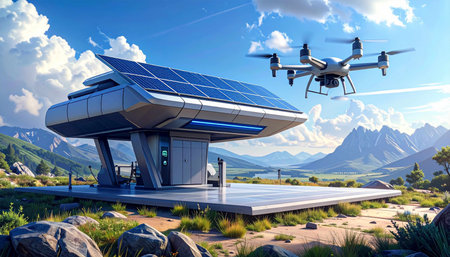 drone flying over the solar station, 3d render illustration.の素材