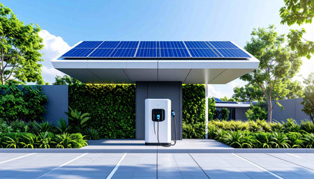 Solar panel charging station in front of modern house. 3D renderingの素材