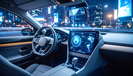 Modern car interior with city view on the night. 3D renderingの素材