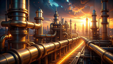 Industrial zone with pipelines and equipment at sunset, 3d renderの素材