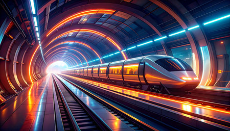 High speed train in a tunnel with neon lights. 3D renderingの素材