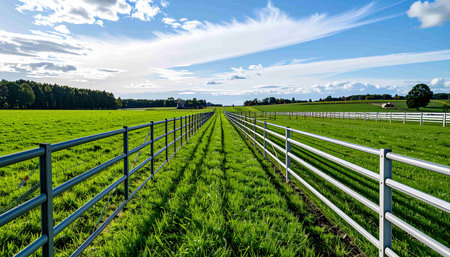 Fence in a green field with blue sky and white clouds.の素材