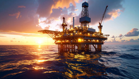 Oil and gas platform in the sea. 3D render illustration.の素材
