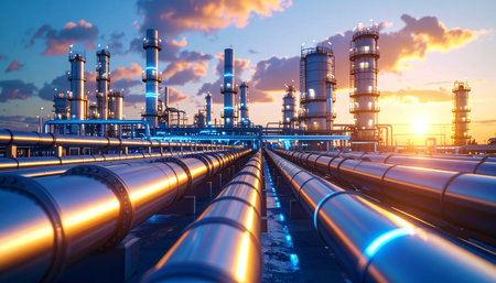 Industrial zone, Steel pipelines and cables in petrochemical plant at sunsetの素材