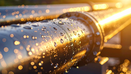 Oil pipeline with water drops, close-up. Industrial background.の素材