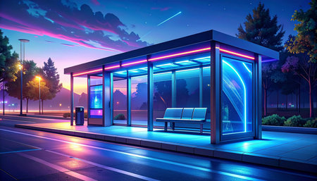 Modern bus stop at night, 3d rendering. Computer digital drawing.の素材
