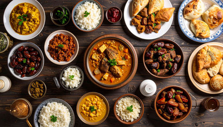 Assorted Indian dishes on a wooden table. Top view, flat layの素材