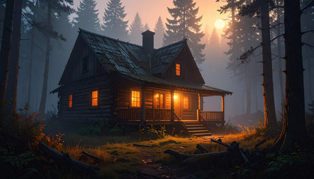 Wooden cottage in the misty forest at sunrise. 3D renderingの素材